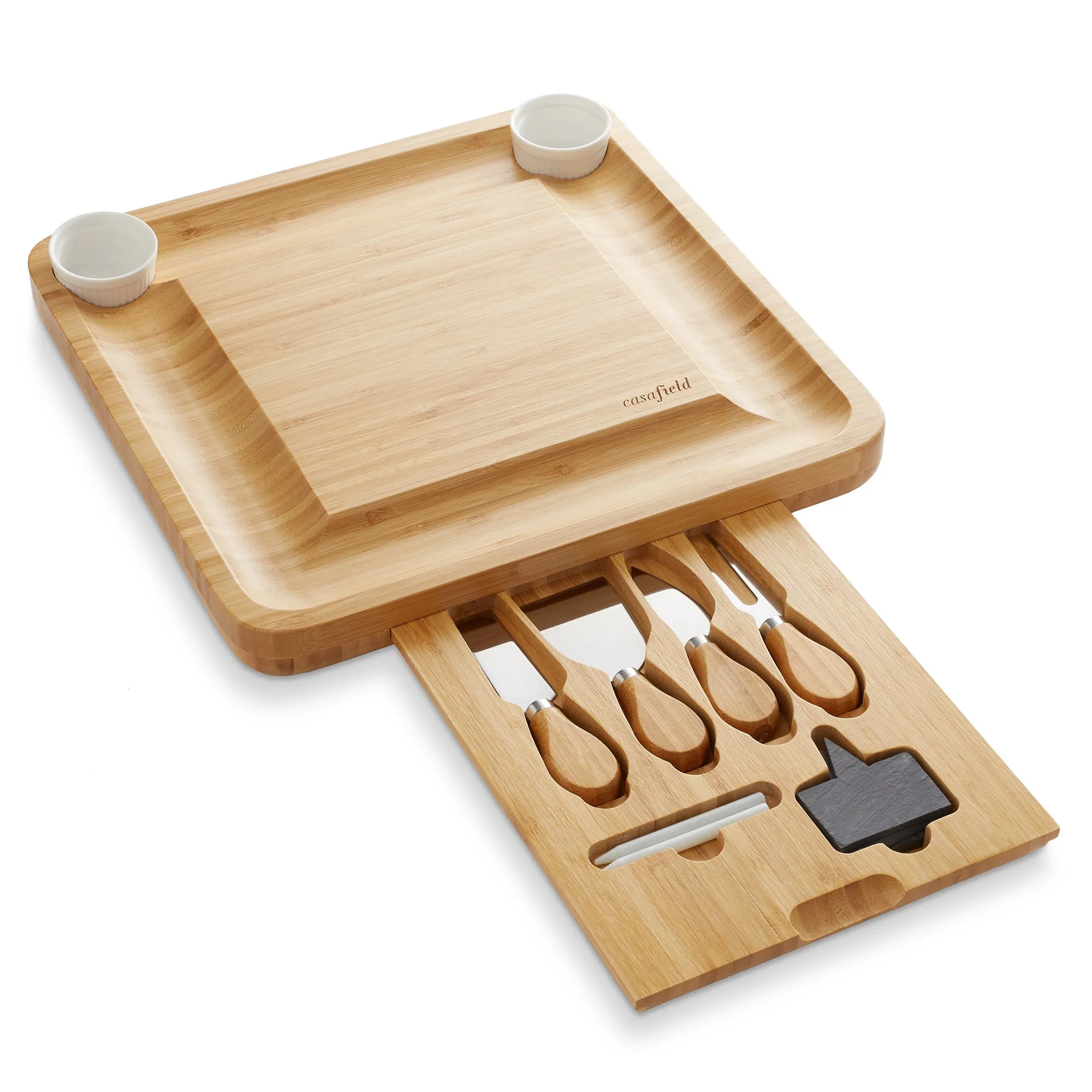 Bamboo Cheese Board Gift Set with 2 Bowls and 4 Knives