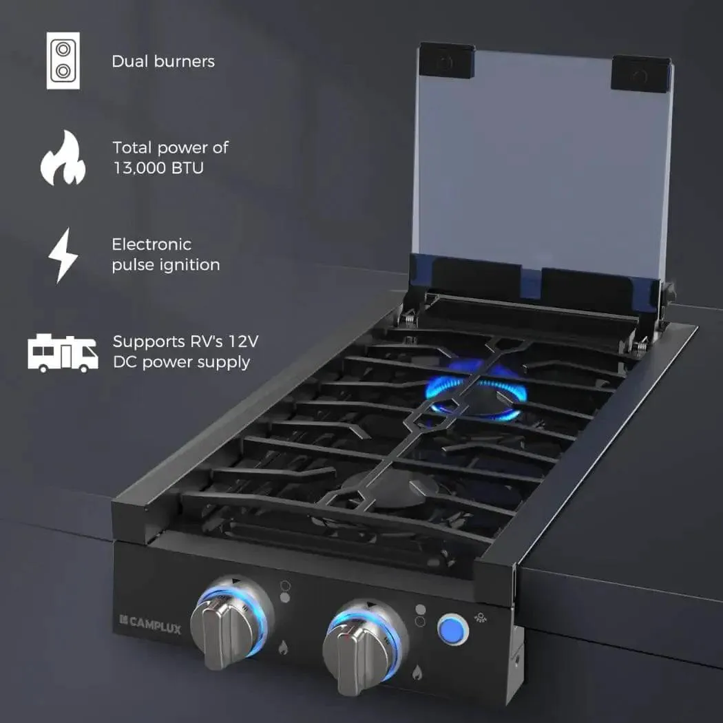 Camplux 12" 2 Burner Propane Slide-in RV Cooktop With Cover