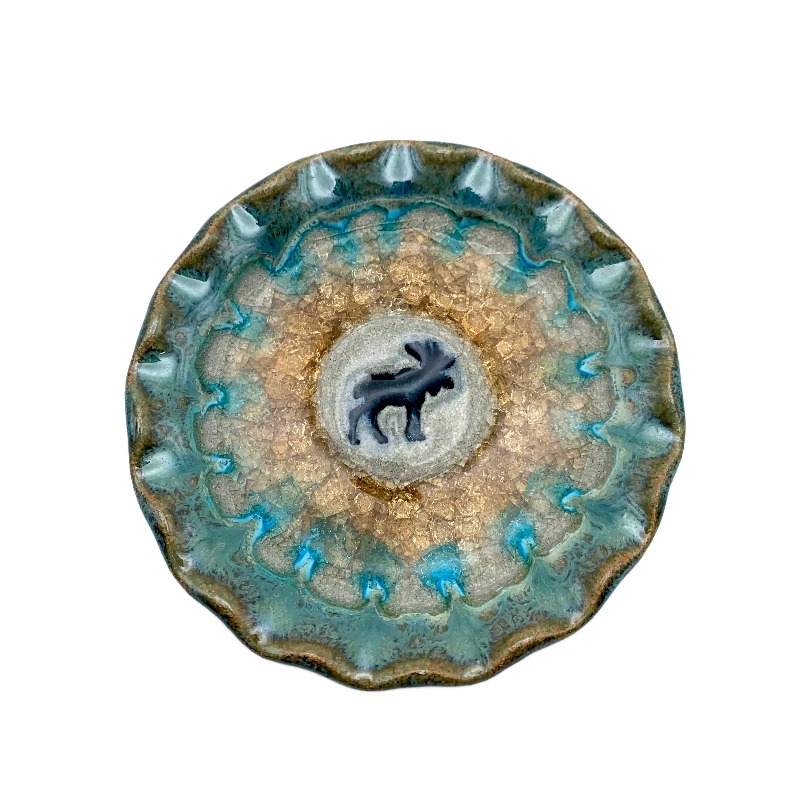 Moose Round Scalloped Pottery Dish 4"